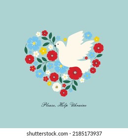 Composition with flowers and dove, Peace Concept, War in Ukraine. Vector illustration in flat style