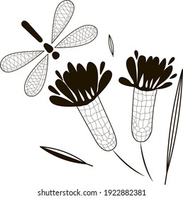 Composition with flowers and a dragonfly. Black and white graphics. Vector.