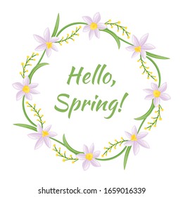 Una composición de flores y hojas dispuestas en un círculo con la inscripción "Primavera de Adiós". Diseño de primavera. Ideal para tarjetas de felicitación, invitación, afiche, banner y otro diseño. Ilustración del vector