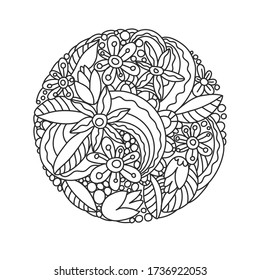 A composition of flowers and leaves in a circle, made in graphics, ideal for decoration or postcards