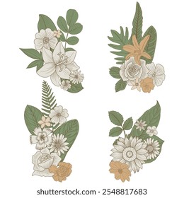 composition with flowers and leaves, floral graphic design elements at white background, floral arrangements, hand drawn illustration