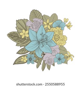 composition with flowers and leaves, floral graphic design element at white background, floral arrangements, hand drawn illustration