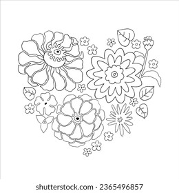 Composición de flores y hojas en forma de corazón para tarjetas de moda, papel de envoltura, invitaciones contorno vectorial negro y blanco sobre fondo blanco