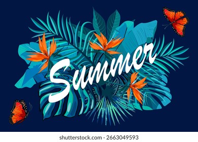 Composição com flores e folhas.Vetor ilustração de cor com folhas de palma e flores tropicais em um fundo azul com borboletas.