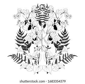 Composition of flowers in an ornament. Black and white vector.