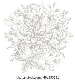 The composition of flowers and plants.  Hand drawn by pen and ink graphics. Rustic design. Vector illustration.