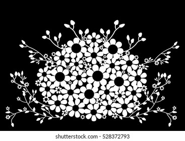 The composition of flowers and plants. Rural flat design. Black and white drawing. Vector illustration.