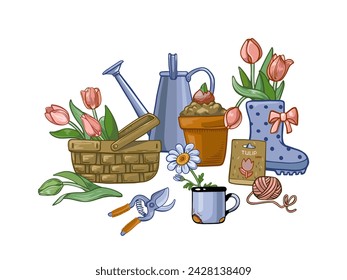 Composition of flowers in pots, in a basket, with a rubber boot, mug, pruning shears isolated on a white background.