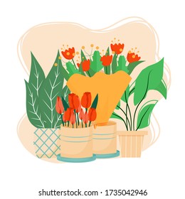 Composition with flowers in pots and bouquets stock vector illustration isolated on white background. Graphic elements, objects, florist service, flower shop concept.
