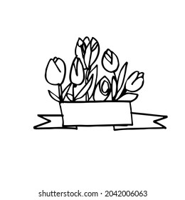 A composition of flowers with ribbon. A hand-drawn sketch. Vector doodle illustration