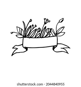 A composition of flowers and ribbon. A simple banner drawn by hand. Vector doodle illustration