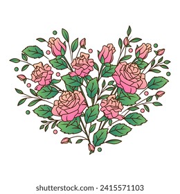 Composition flowers in shape of a heart. Vector illustration of roses and leaves. Bright flowers perfect for wedding and Valentine's Day, Mother's Day, design of card, posters.
