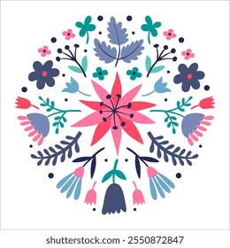 Composition of flowers, twigs, leaves, pink and purple color flat illustration in folk art.