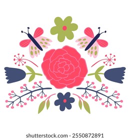 Composição de flores, galhos, folhas, cor rosa e roxo ilustração plana na arte popular.