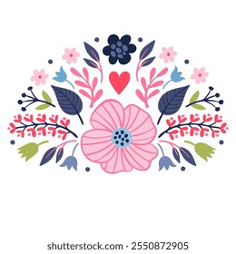 Composition of flowers, twigs, leaves, pink and purple color flat illustration in folk art.