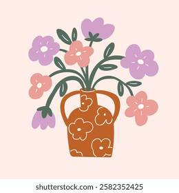 Composition of flowers in vase.  Spring greeting card. Vector illustration of blooming flowers in trendy hand drawn style.