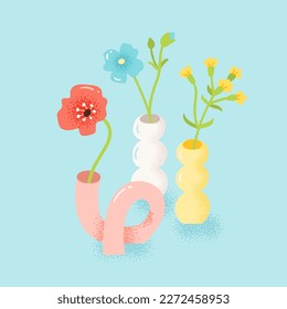 Composition of flowers in vases of various shapes. Vector illustration of blooming flowers in trendy hand drawn style.