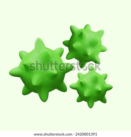 Composition with flying green round viruses with spikes. Disease, bacteria, virus protection