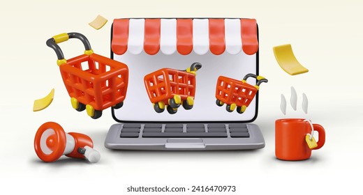 Composition with flying shopping cart, open laptop, megaphone, and red cup with tea. Time for online shopping via modern gadget. Vector illustration in 3d style with white background