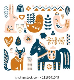 Composition with Folk art animals and decorative elements. Hand drawn vector pattern. Scandinavian, Nordic style.