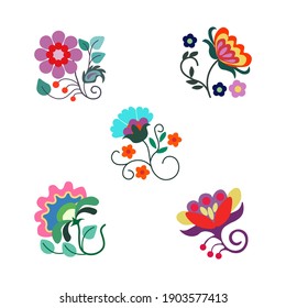 Composition of folklore elements, stylized colors and patterns. Greeting card of folk art, banner, cover. Vector illustration