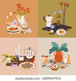 Composition with food, drinks, dishes for breakfast and lunch. Set of morning meals decorated with cozy interior elements, vases, candles and plants. Perfect for social media posts, cards and posters.