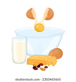 Composition of food ingredients for baking. Crack an egg into a bowl.