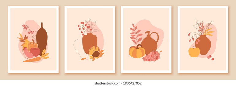 Composition with food, vegetables, fruits, vases. Autumn atmosphere still life art. Design for festival, harvest, Thanksgiving day card, invitation. Flat minialistic style.