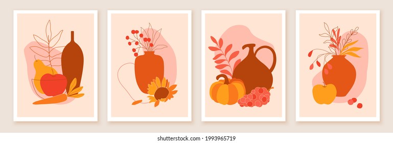 Composition with food, vegetables, fruits, vases. Autumn atmosphere still life art. Design for festival, harvest, Thanksgiving day card, invitation. Flat minialistic style.