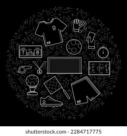 The composition of football elements assembled in a circle. Set of vector cartoon doodle Football objects collected in a round border.