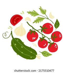 Composition in the form of a circle of juicy vegetables. Vector illustration isolated on white background. Can be used for menu, packaging, textiles.