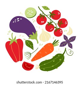 Composition in the form of a circle of seasonal vegetables. Can be used for menu, packaging, textiles. Vector illustration isolated on white background.
