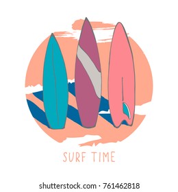 Composition in the form of a circle with surfers on the beach and shadows from them with the inscription. Vector image in bright colors isolated on white.