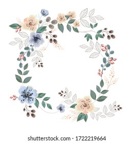 composition in the form of a circle of wildflowers, twigs of leaves and berries on a white background