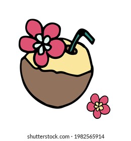 Composition in the form of a cocktail in coconut with exotic flowers. Vector illustration
