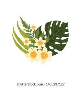 Composition in the form of heart from the large leaves and white flowers. Vector illustration on white background.