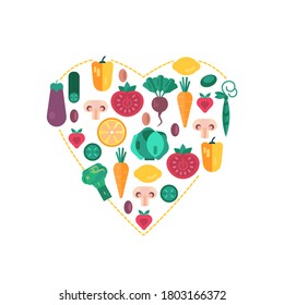 Composition in the form of a heart made of vegetables, fruits and berries. Healthy food concept, healthy lifestyle, vegetarian raw diet. Vector illustration isolated on white background. Flat design.
