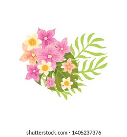 Composition in the form of heart from the small white and pink flowers. Vector illustration on white background.