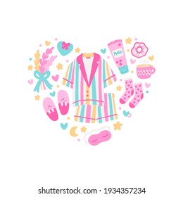 Composition in the form of a heart of things: lovely pajamas, sleep mask, slippers, hair tie, face mask, cute socks, mug and lavender bouquet. Comfort and relax concept. 