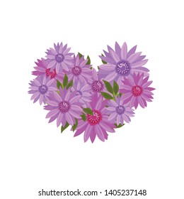Composition in the form of heart of violet flowers. Vector illustration on white background.