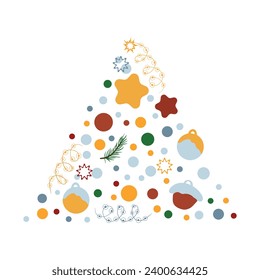Una composición en forma de árbol de Año Nuevo hecho de bolas, juguetes y elementos de decoración de invierno. Diseño moderno para tarjeta de invitación de vacaciones, afiche, pancarta, tarjeta de saludo