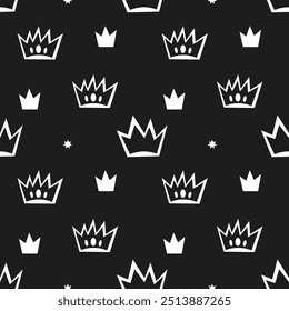 Composition in the form of a pattern. On a black background, crowns and stars in cartoon style