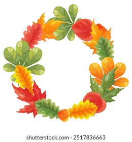Composition in the form of a round frame on a white background from leaves of chestnut, maple, acorn, heart. With flowers red, orange, green
