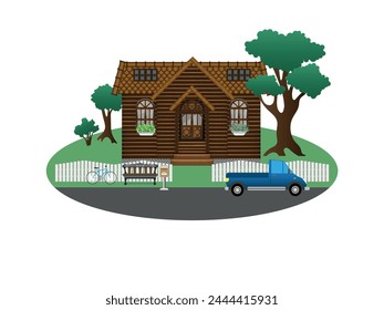Komposition in Form eines Landhauses mit einem Auto und einer Asphaltstraße