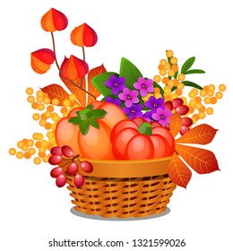 Composition in the form of a wicker basket filled with ripe vegetables, fruits of physalis or winter cherry and autumn leaves isolated on white background. Vector cartoon close-up illustration.