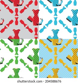 The composition of four Fashion seamless pattern set.Female's colored dresses with high heel shoes and handbags.Bright summer composition with polka dot ornament. Fashion vector Illustration
