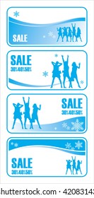 Composition from four graphic illustrations. On them silhouettes of women are represented. Near to them snowflakes and inscription SALE are located.