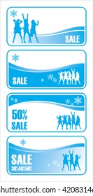 Composition from four graphic illustrations. On them silhouettes of women are represented. Near to them snowflakes and inscription SALE are located.
