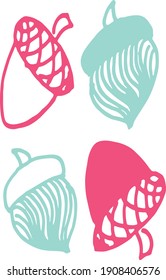 A composition of four green and pink acorns with streaks on a white background.