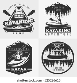 Composition of four monochrome square kayak and canoe detailed emblems with vintage nature elements and symbols vector illustration